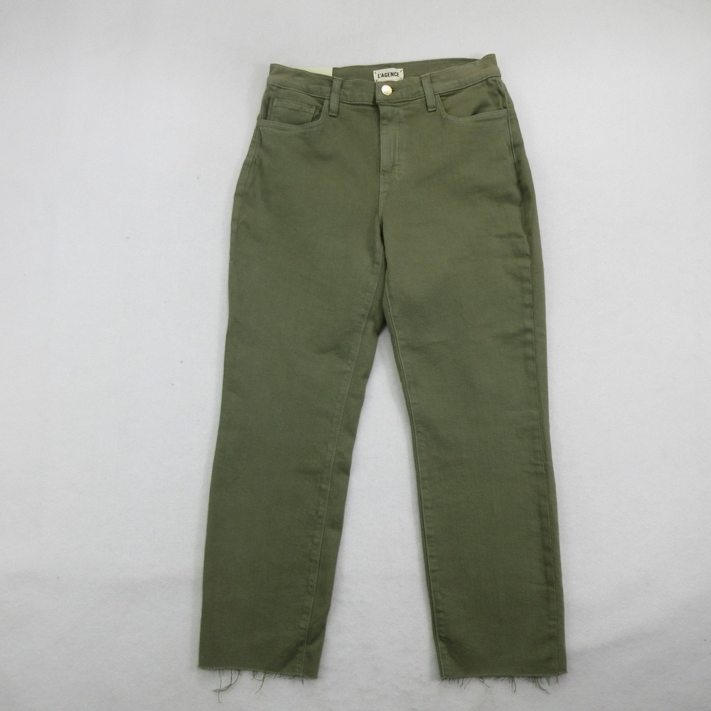 L'Agence Women's Sada Cropped Slim Pants Size 27 Basil Green Raw Hem New